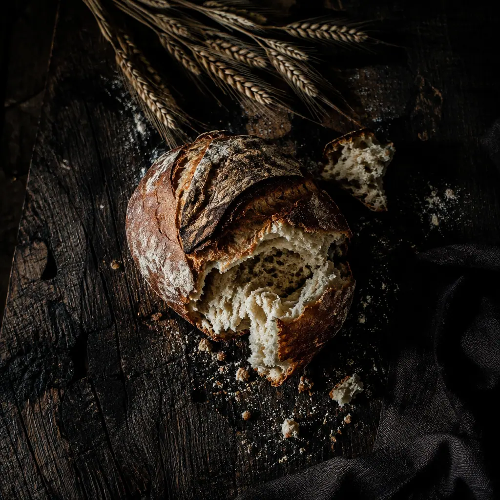 Overhead low-key photograph of a torn sourdough loaf on charred oak with scattered flour