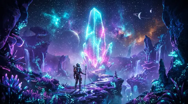 Cosmic crystal cavern with bioluminescent light, frame from a seamless loop