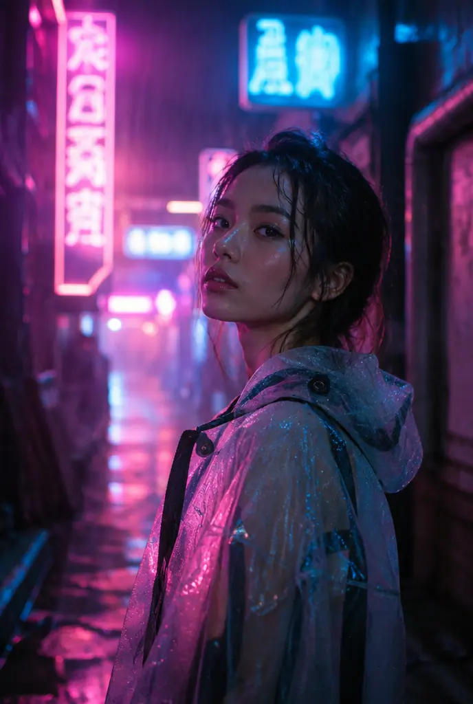 Night portrait of a woman in a translucent rain jacket lit by magenta and cyan neon in a wet alley