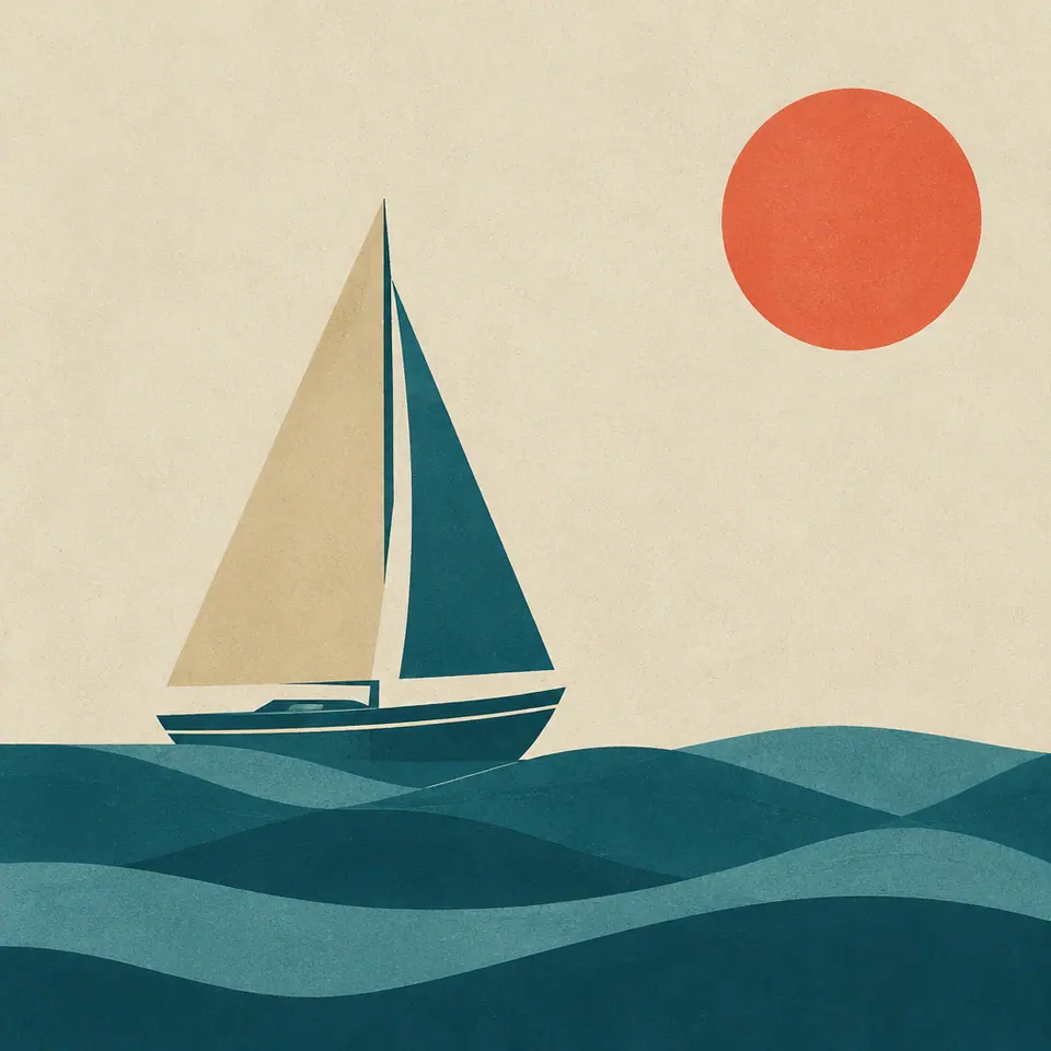 Flat vector illustration of a sailboat on geometric teal and coral waves