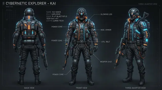 Character turnaround sheet showing front, three-quarter and back views of a cyberpunk explorer