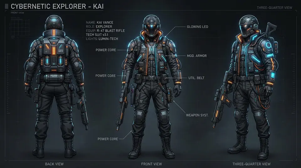 Character turnaround sheet showing front, three-quarter and back views of a cyberpunk explorer