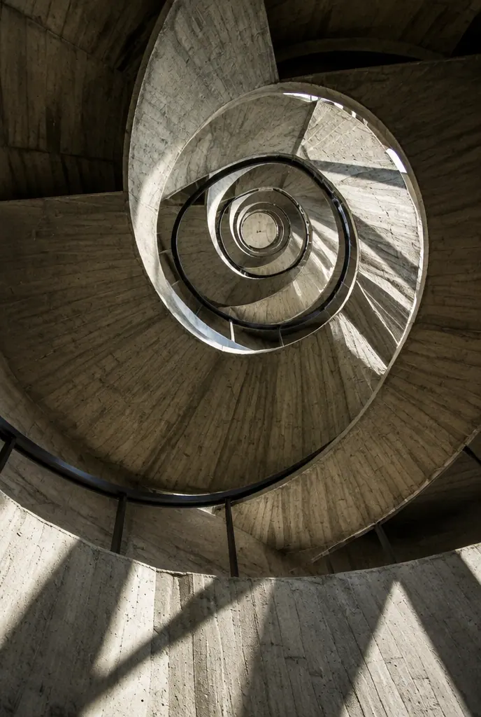 Brutalist concrete spiral stairwell shot from below with hard geometric shadows