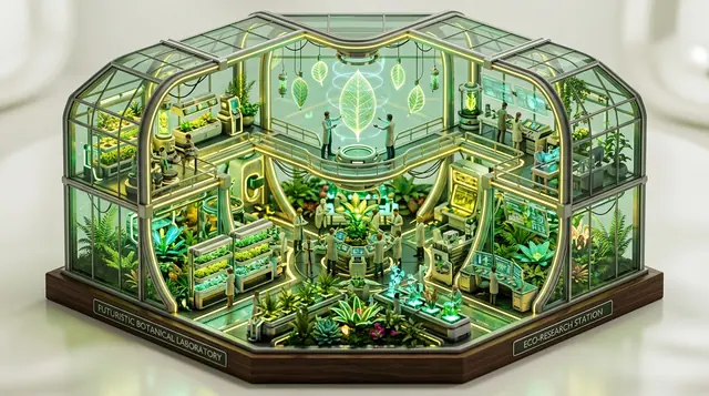 Isometric 3D diorama of a botanical laboratory in emerald and amber