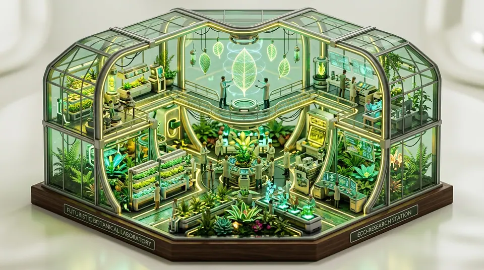Isometric 3D diorama of a botanical laboratory in emerald and amber